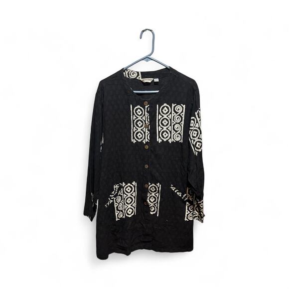 Vintage Asiacraft Button Up Lonngsleeve Handmade Shirt Black Indonesia Sz L - Picture 1 of 5